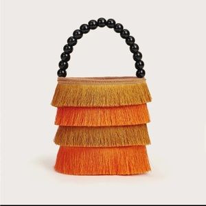 Mini Fringe Design Beaded Handle Satchel Bag